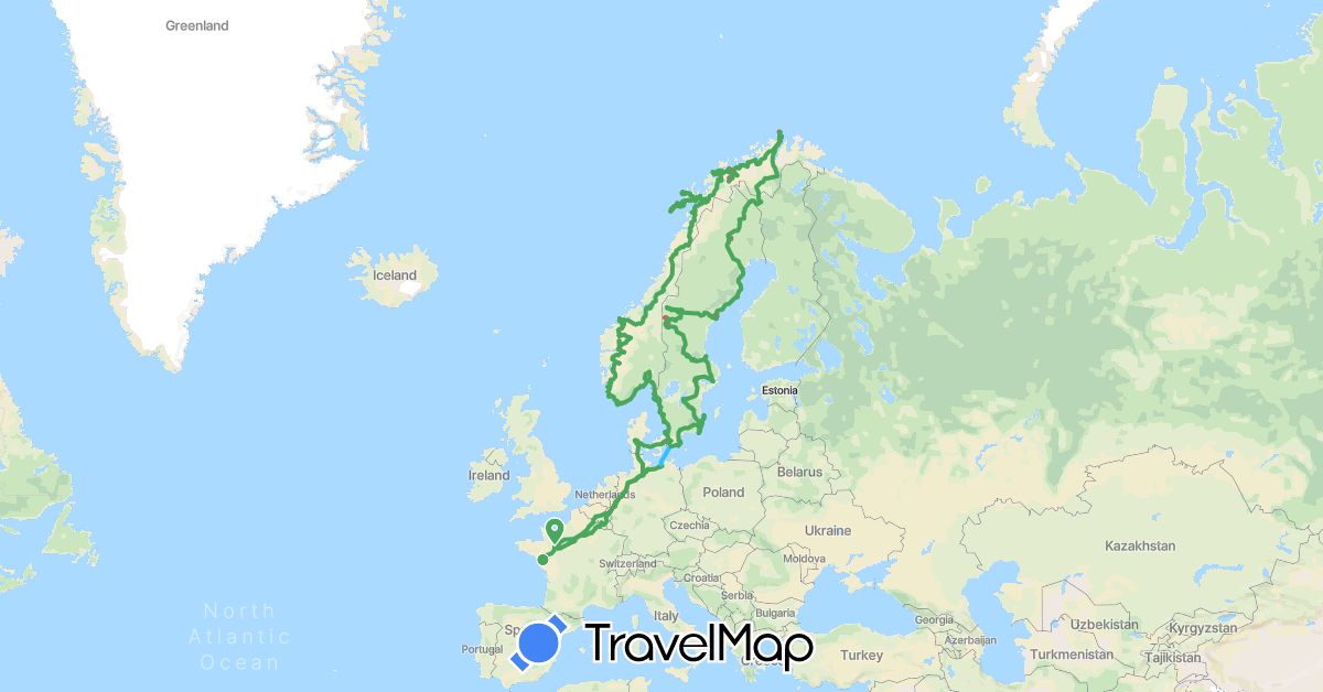 TravelMap itinerary: driving, hiking, boat, camping-car in Germany, Denmark, France, Norway, Sweden (Europe)